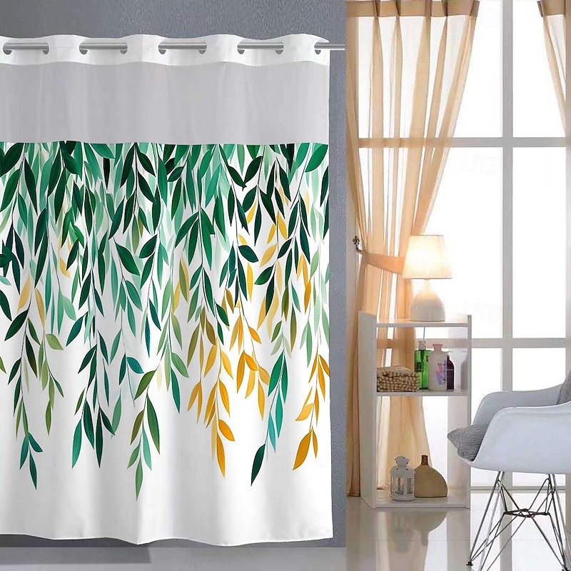 No Hook Shower Curtain 180cm*180cm(70"*70")with Snap-in Polyester Fabric Liner Sheer Top Window Waterproof Double Layer Bathtub Curtain Leaves Pattern2