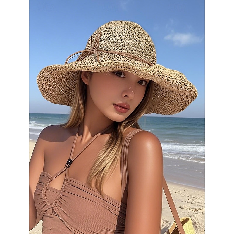 Women's Wide Brim Straw Sun Hat with Bowknot, Foldable Beach Hat for Summer Travel and Outdoor Vacation2