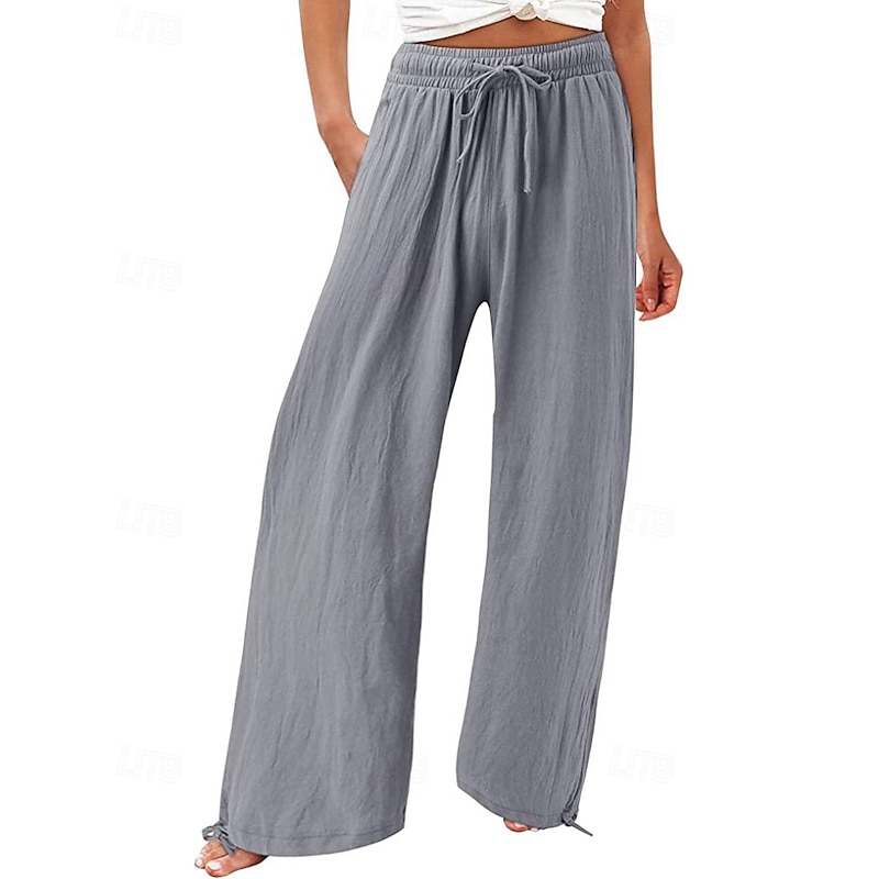 Women's Cotton Linen Pants Culottes Wide Leg Slacks Casual Full Length Natural Plain Pocket Elastic Drawstring Design Comfy Outdoor Comfortable Street Going out Grey White Army Green Summer Regular2