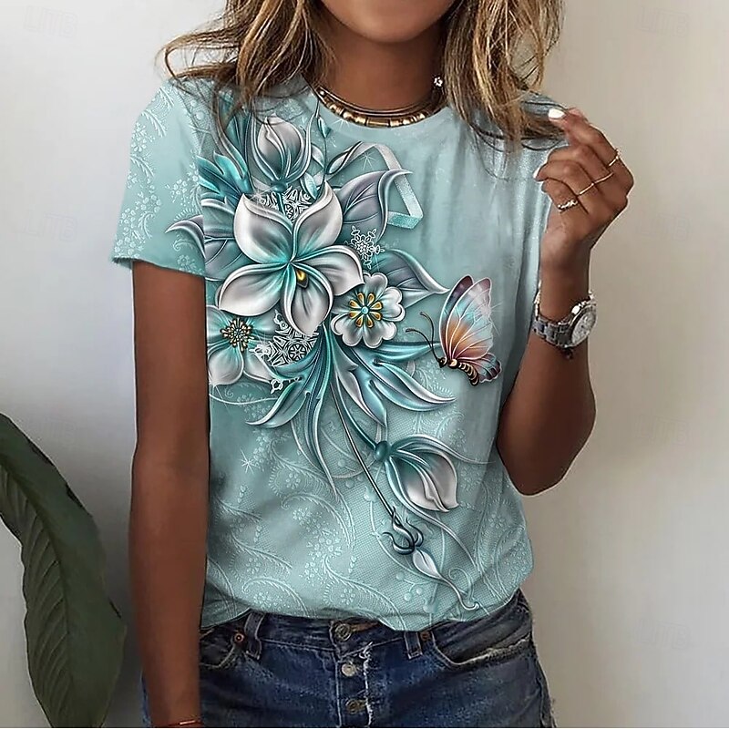 Women's T Shirt Fashion Floral Butterfly Print Short Sleeve Regular Tops Round Neck Casual Holiday Blue Summer3
