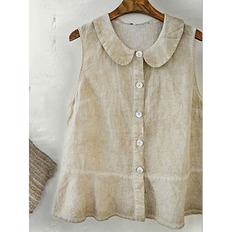 Women's Shirt Button Up Plain Basic Modern Sleeveless Shirt Collar Regular Tops Daily Ruffle Buttons Apricot Summer