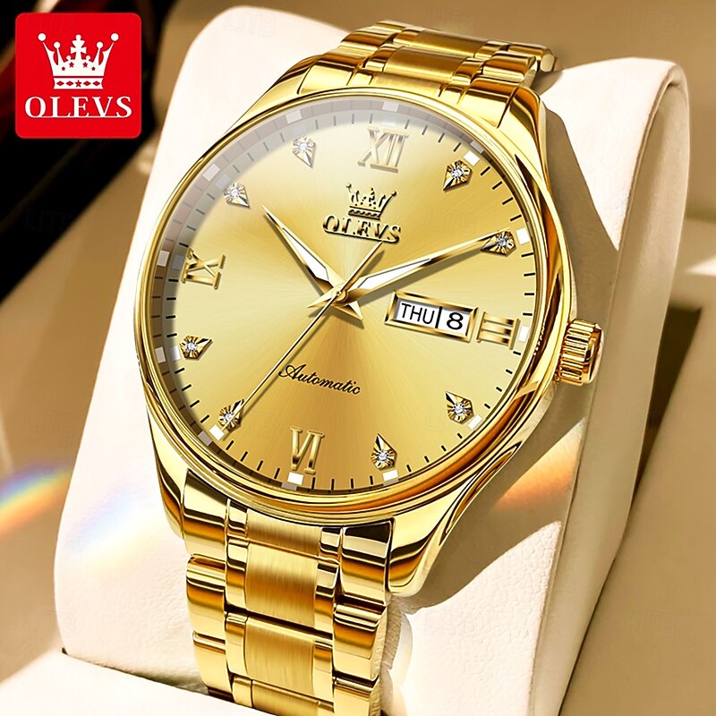 OLEVS Men's Mechanical Watch, Minimalist Fashion, Automatic Self-Winding, Luminous Date Week, Waterproof Steel Watch
