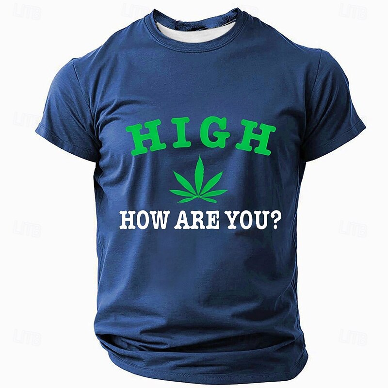 Men's Short Sleeve Graphic T-Shirt with "HIGH HOW ARE YOU?" Cannabis Leaf Pun Humor Design3