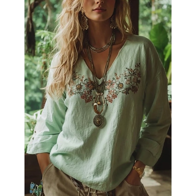 Women's Boho Blouse Floral Graphic Paisley Bohemia Vintage Tropical 3/4 Length Sleeve V Neck Regular Tops Black White Red Green Summer Spring