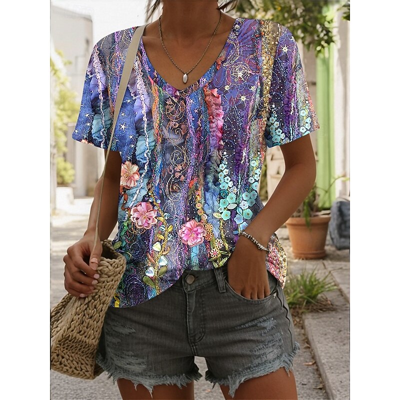 Women's T Shirt Graphic Geometric Abstract Stylish Casual Sleeveless Short Sleeve V Neck Regular Tops Daily Print Blue Purple Green Summer Spring2