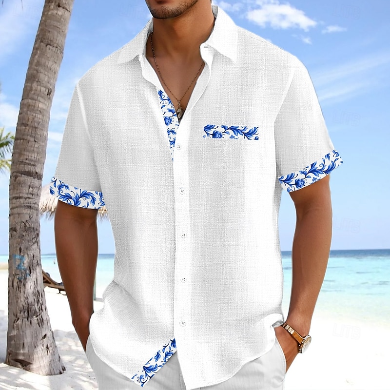 Men's Shirt Linen Shirt Summer Shirt Beach Shirt Plaid Vacation Holiday White Pink Navy Blue Light Blue Short Sleeve Collar Summer Clothing Apparel4