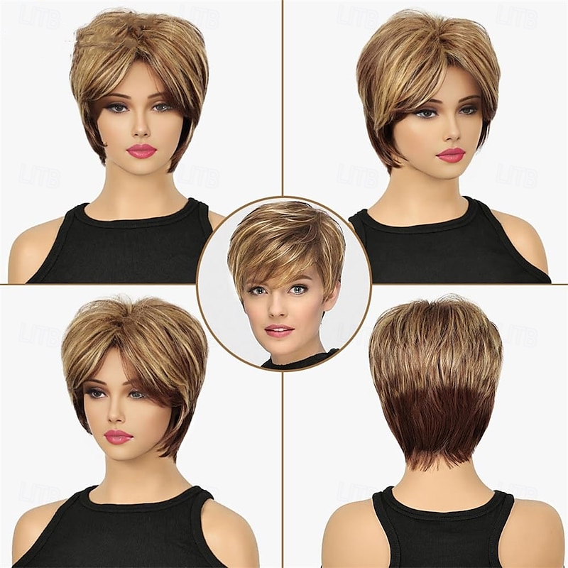 Short Brown Pixie Cut Wig for Women Short Hair Wigs with Bangs Mixed Blonde Highlight Layered Fluffy Synthetic Hair Replacement Wig Halloween Costumes Wigs2