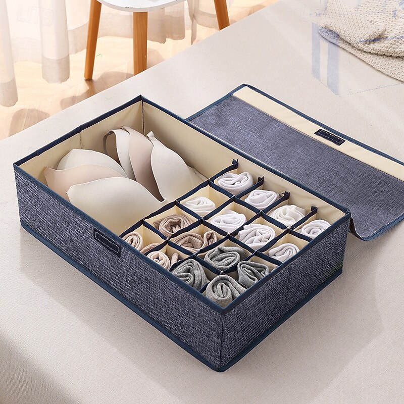 Sock Underwear Drawer Organizer Storage Box, Foldable Divided Storage with Lid, Cotton Linen Fabric, Bra and Panties Organizer, Dust-Proof Clothing Storage Box for Home Use4
