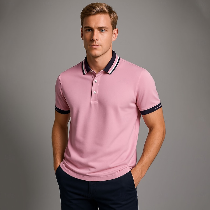 Men's Business Casual Lapel Short Sleeve High Quality Office Plain Buttons Summer Spring Fall Light Blue Black Pink Royal Blue Sea Green