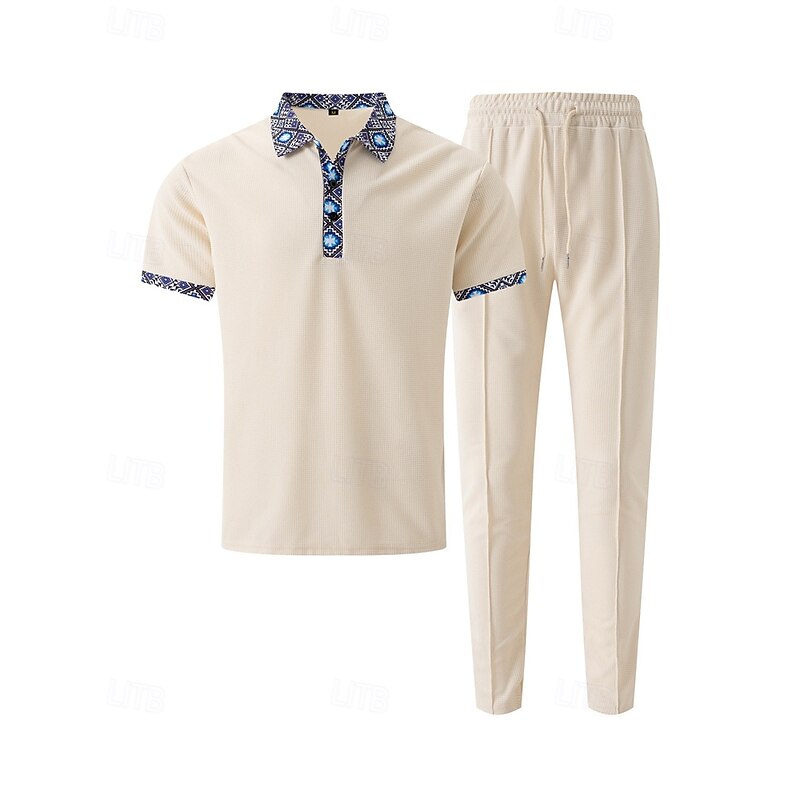 Men's Waffle Shirt T-shirt Suits Shirt and Pant Sets 2 Pieces Outfits Short Sleeve Lapel Summer Color Block Fashion Casual Patchwork 2 Piece Vacation Daily Wear Going out Black White Royal Blue Top2