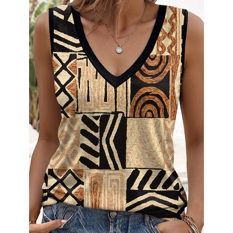 Women's Camisole Tank Top Graphic Geometric Casual Sleeveless V Neck Regular Tops Print Brown Summer Spring3