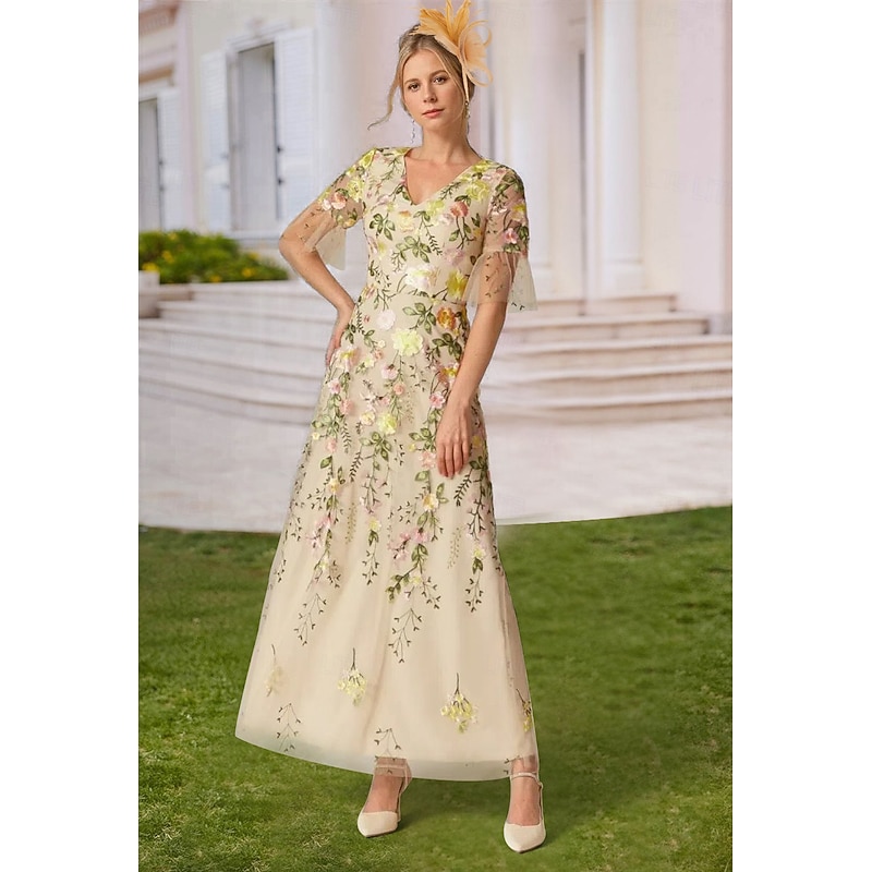 Floral Lace A-Line Embroidered Dress Beach Wedding Formal Mother of the Bride Elegant Vintage V Neck Ankle Length Tulle Short Sleeve with Appliques Flower2