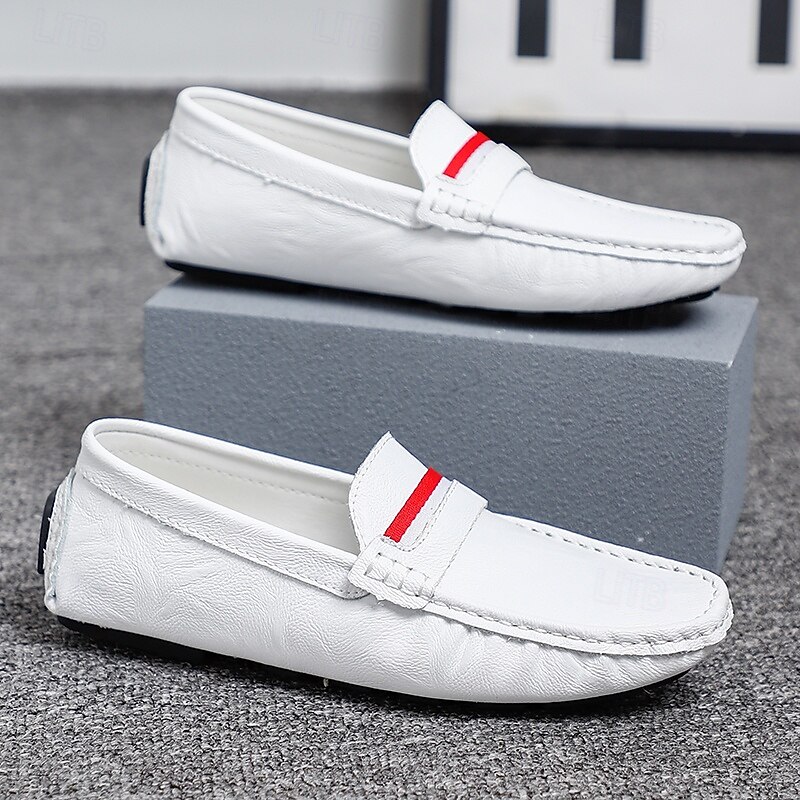 Men's White Slip-On Loafers with Red Accent, Casual Driving Shoes, Perfect for Spring and Summer Vacations and Beach Getaways4