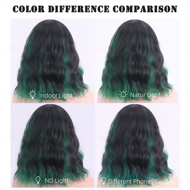 Synthetic Wig Deep Wave Curly Weave Asymmetrical Neat Bang Machine Made Wig 12 inch A1 Synthetic Hair Women's Elastic Classic Color Gradient Green4