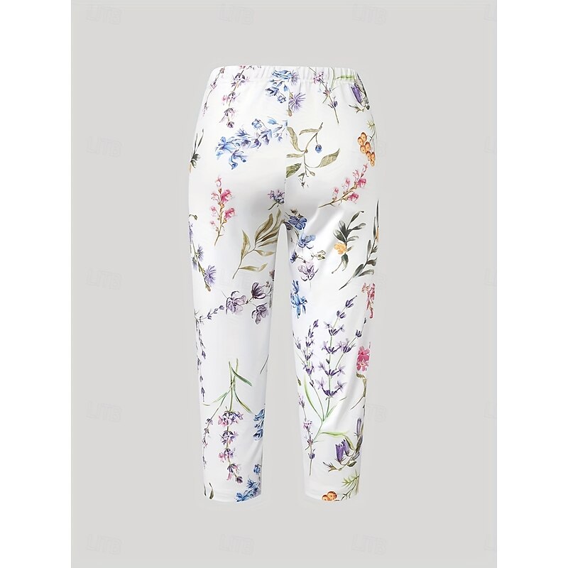Women's Leggings Capri Pants High Elasticity Vacation Vintage Fashion Calf-Length High Waist Floral Graphic Printing Breathable Soft Stretchy Formal Vacation Office Robin's Egg Blue White2