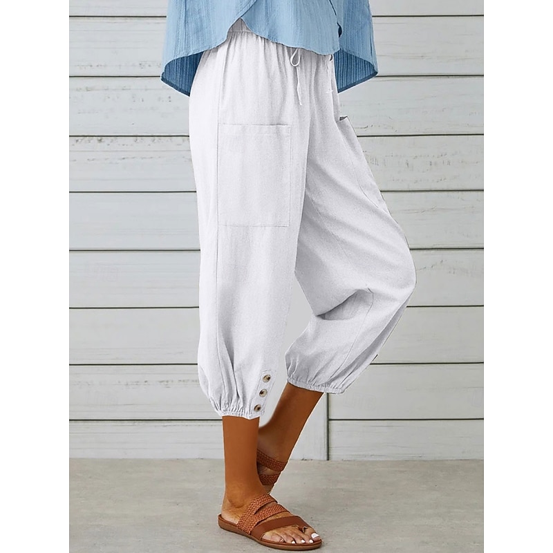 Women's Capri Pants Solid Color Chinos Fashion Ethnic Style Basic Calf-Length High Waist Plain Pocket Drawstring Comfort Outdoor Micro-elastic Vacation Street Daily Black White Khaki Light Blue2