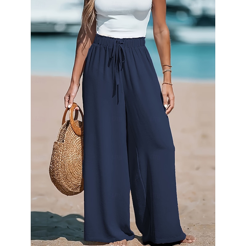 Women's Pants Trousers Palazzo Pants Casual Full Length High Rise Solid Color Drawstring Comfy Soft Inelastic Going out Casual Daily Orange red Apricot Black Pink Spring, Fall, Winter, Summer Loose2