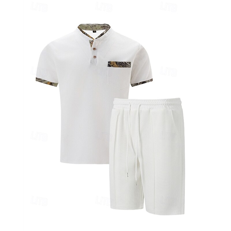 Men's Waffle Shirt T-shirt Suits 2 Pieces Outfits Tee & Shorts Short Sleeve Standing Collar Summer Color Block Fashion Casual 2 Piece Front Pocket Vacation Daily Wear Going out Black White Royal Blue2