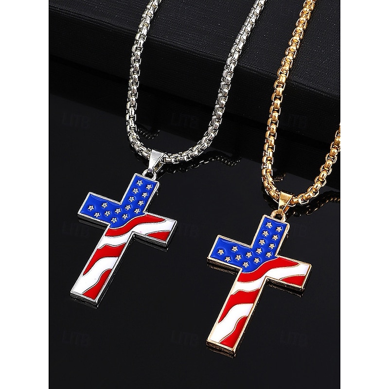 Men's American Flag Cross Pendant Necklace – Gold & Silver Tone with USA Flag Design, Stylish and Trendy for Casual & Statement Wear4