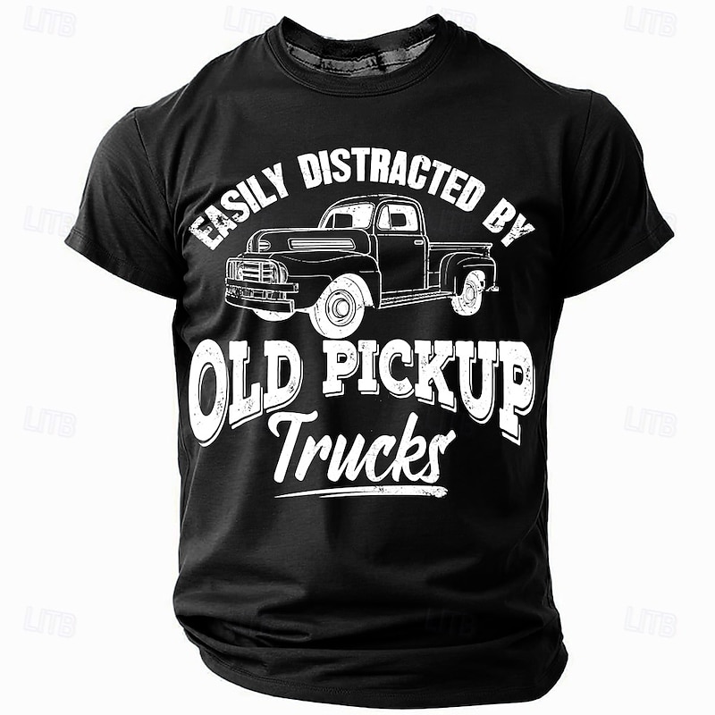 Mens Short Sleeve Graphic T-Shirt: Easily Distracted By Old Pickup Trucks Enthusiast Tee4