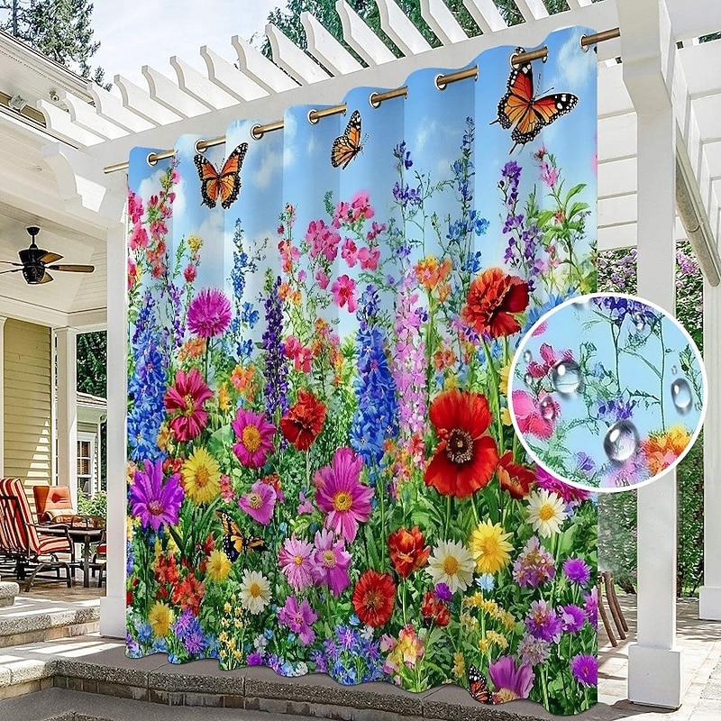 Waterproof Outdoor Curtain Privacy, Sliding Patio Curtain Drapes, Pergola Curtains Grommet 3D Summer Floral Landscape For Gazebo, Balcony, Porch, Party, 1 Panel