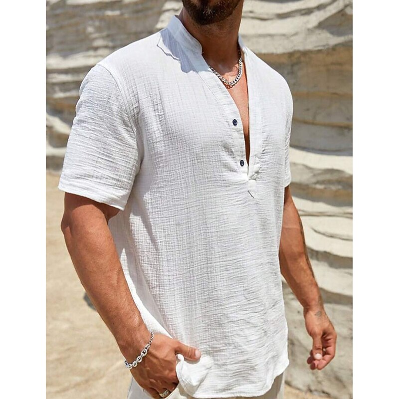 Men's Shirt Linen Shirt Popover Shirt Summer Shirt Beach Wear Henley Shirt Solid Color Vacation Dailywear White Sky Blue Short Sleeve Stand Collar Summer Spring Clothing Apparel3