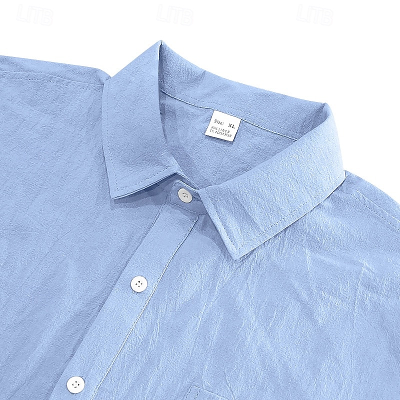 Men's Shirt Linen Shirt Summer Shirt Beach Wear Button Up Shirt Solid Color Vacation Daily Black White Navy Blue Sky Blue Short Sleeve Turndown Spring & Summer Clothing Apparel Pocket4