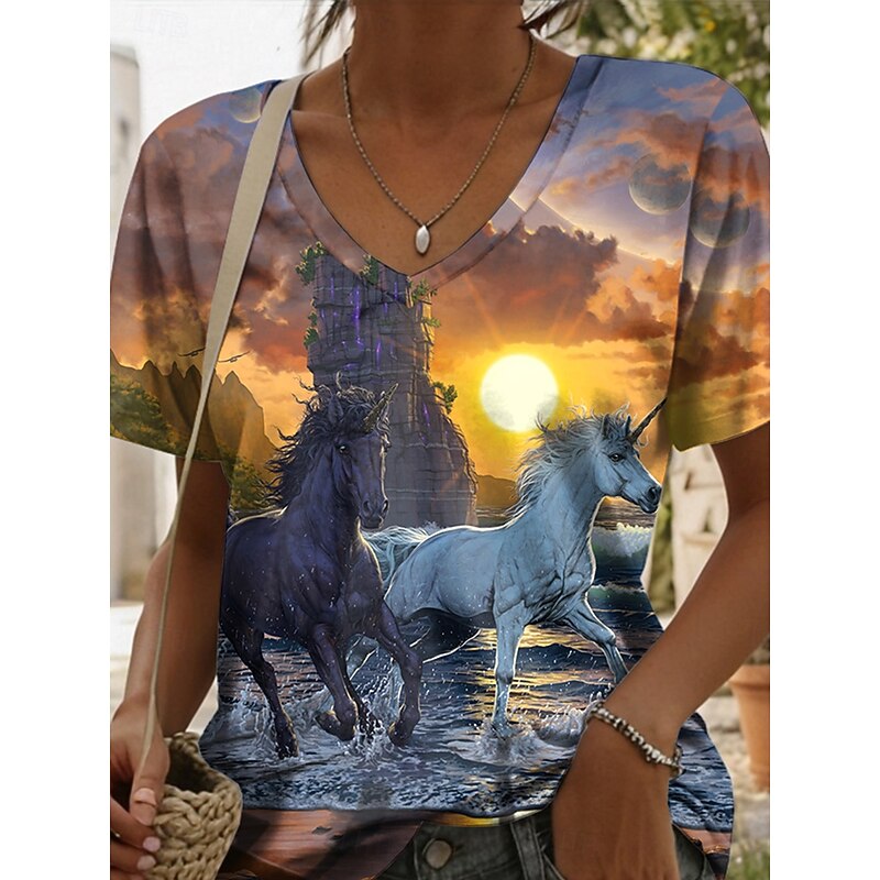 Unicorns in Sunset By Vincent Hie Women's T Shirt Graphic Animal Scenery Stylish Casual Short Sleeve V Neck Regular Tops Daily Print Orange Summer Spring3