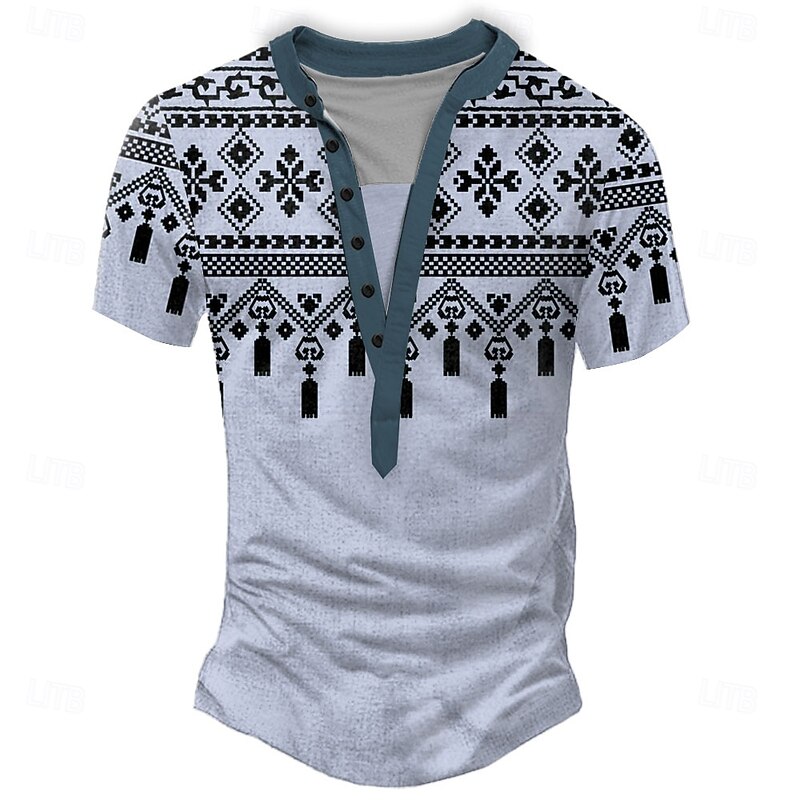 Men's Geometric Tribal T Shirt Henley Shirt Tee Short Sleeve Designer Basic Classic Outdoor Casual Daily Summer Light Green Light Blue Light Gray Khaki Henley Henley T-Shirt2
