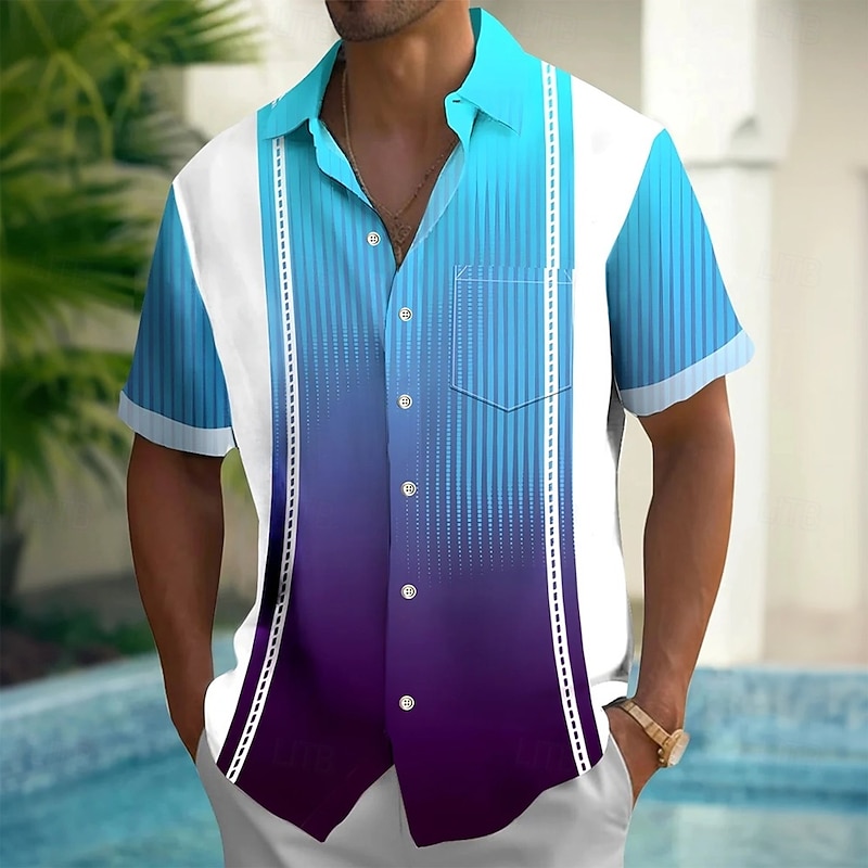 Men's Geometric Gradient Color Shirt Casual Shirt Button Up Shirt Short Sleeve Fashion Casual Outdoor Vacation Dailywear Summer Spring Turndown 3D Print Collared Shirts Front One Pocket Blue Green2