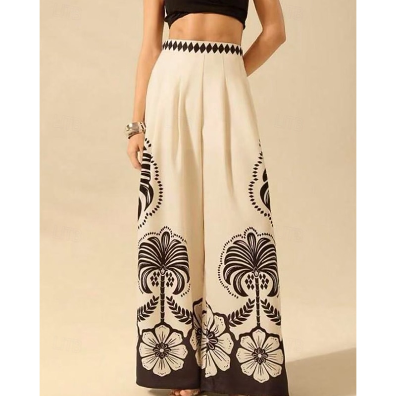 Women's Culottes Wide Leg Slacks Fashion Streetwear Full Length Natural Flower Elastic Waist Printing Comfy Comfortable Outdoor Vacation Street Black White Blue Summer Regular Fit2