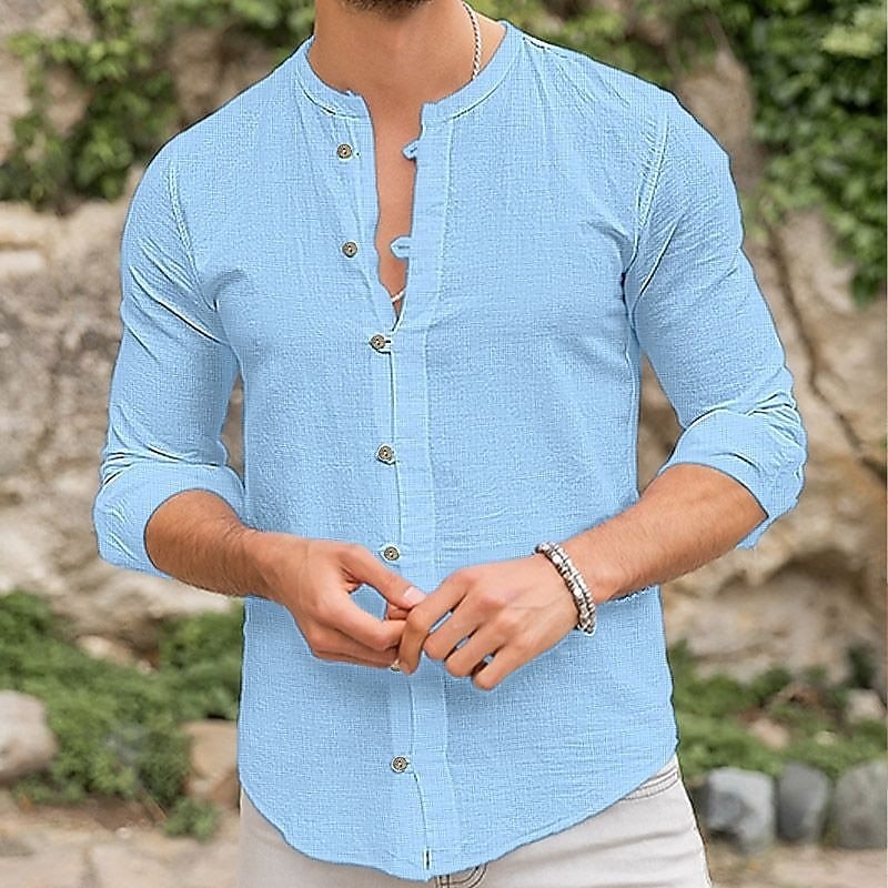 Men's Shirt Linen Shirt Summer Shirt Beach Wear Button Up Shirt Plain Vacation Street Black White Sky Blue Orange Long Sleeve Stand Collar Summer Spring Clothing Apparel Buttons4