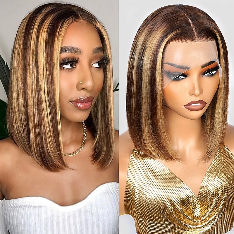 P4/27# 13x4 Lace Frontal Short BOBO Human Hair Wig Straight Hair Lace Wig 150% Density