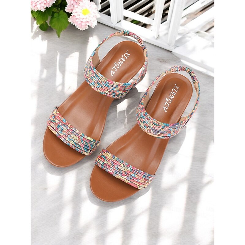 Women's Boho Wedge Sandals – Elastic Slingback Open Toe Shoes with Textured Fabric Straps, Casual Summer Heels for Daily Wear and Beach Vacations3