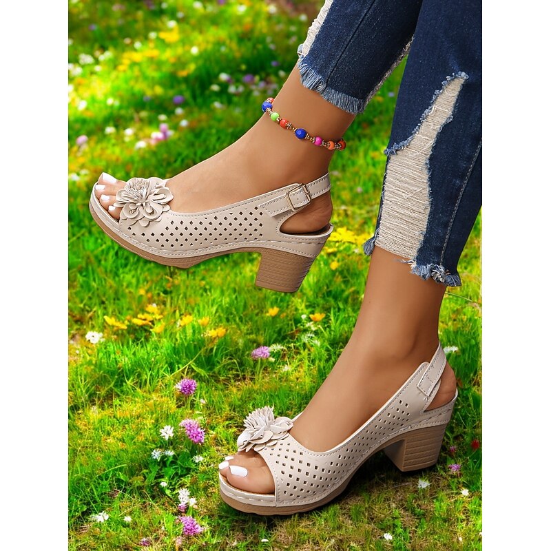 Women's Floral Cutout Slingback Sandals – Comfortable Chunky Heel Summer Sandals for Casual & Garden Party Wear3