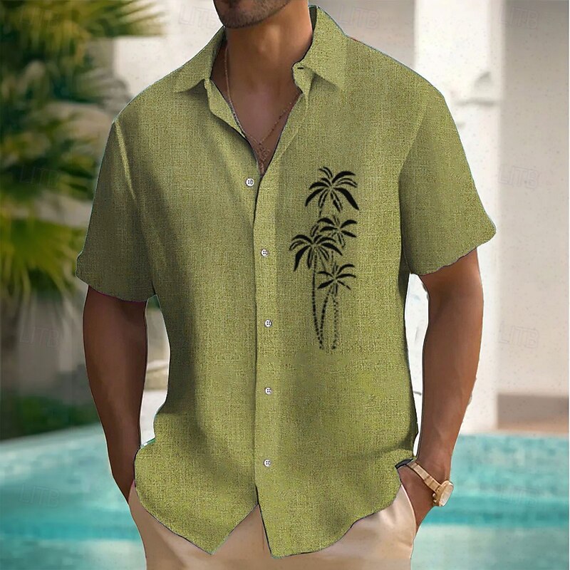 Men's Coconut Tree Tropical Plants Linen Shirt Summer Hawaiian Shirt Button Up Shirt Short Sleeve Hawaiian Resort Vacation Holiday Beach Wear Summer Spring Turndown Collared Shirts Pink Blue Green2