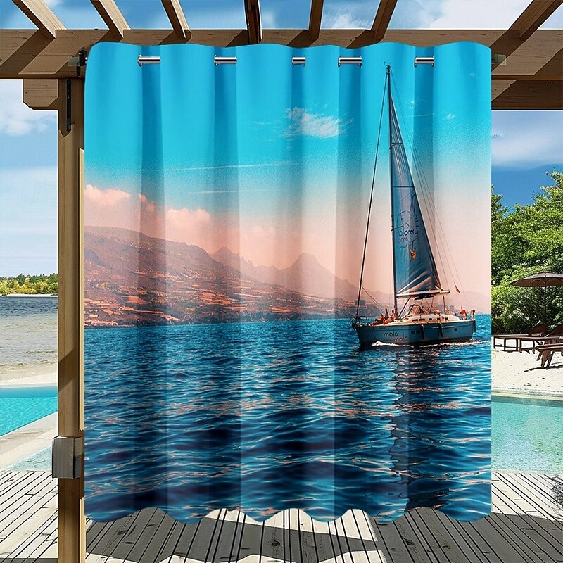 Waterproof Outdoor Curtain Privacy, Sliding Patio Curtain Drapes, Pergola Curtains Grommet 3D Ocean Boat Landscape For Gazebo, Balcony, Porch, Party, 1 Panel2