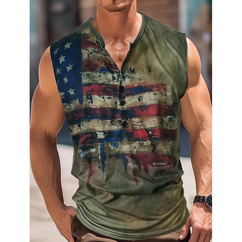 Men's American Flag Tank Top Henley Shirt Sleeveless Vintage Fashion Designer Outdoor Casual Daily Summer Spring &  Fall Green Brown Gray Henley Henley T-Shirt