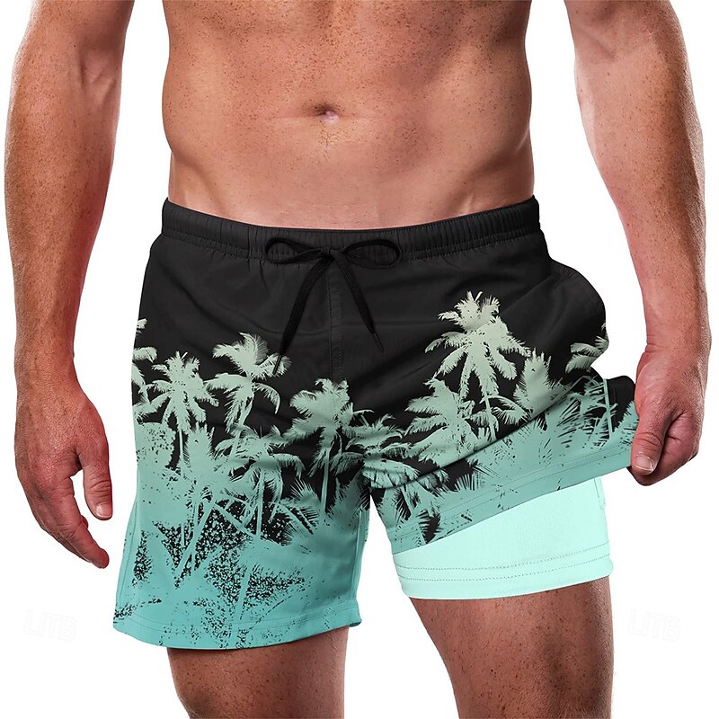 Men's Coconut Tree Gradient Color Lined Shorts 2 in 1 Board Shorts Swim Shorts Mid Waist Hawaiian Vacation Beach Wear Side Pockets With Compression Liner Elastic Drawstring Waist Designer Clothing2