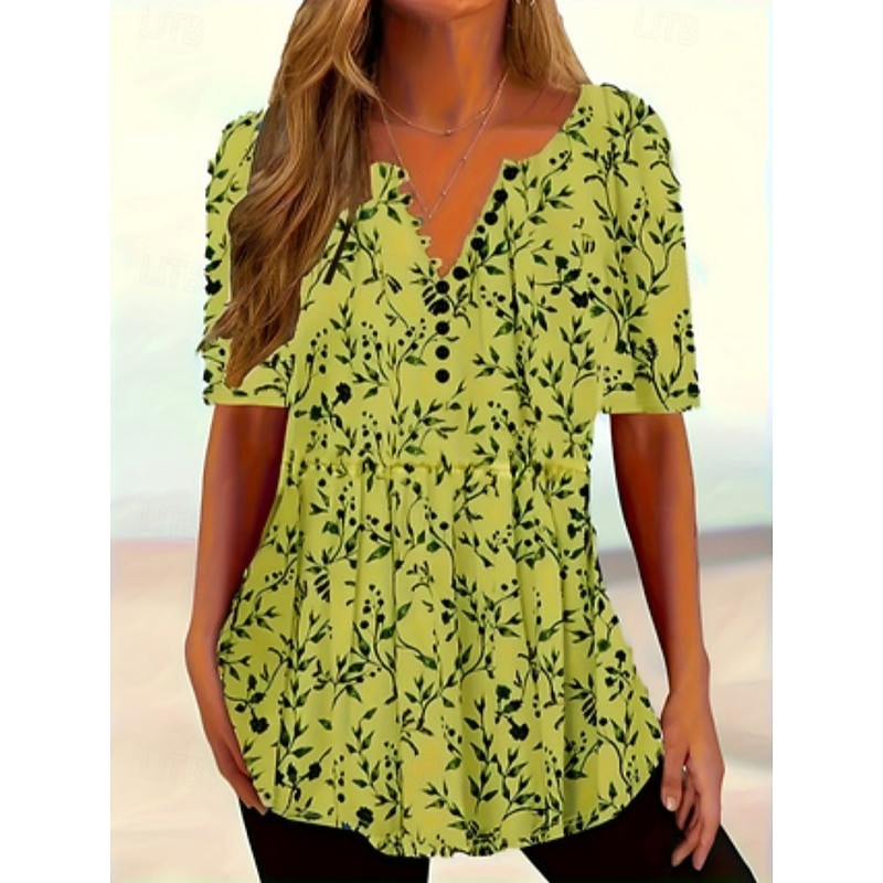 Women's Summer Tops Print Casual Half Sleeve V Neck Regular Tops Daily Print White Yellow Blue Summer3