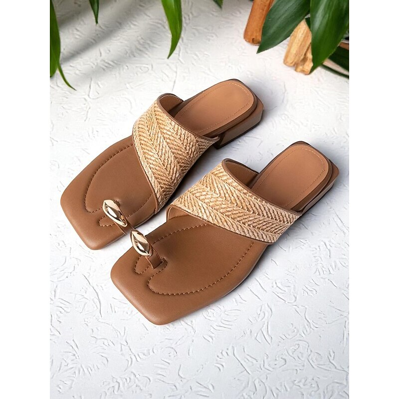 Women's Brown Square-Toe Slide Sandals – Woven Strap, Minimalist Style, Low Block Heel, Ideal for Casual Summer Wear and Daily Comfort3