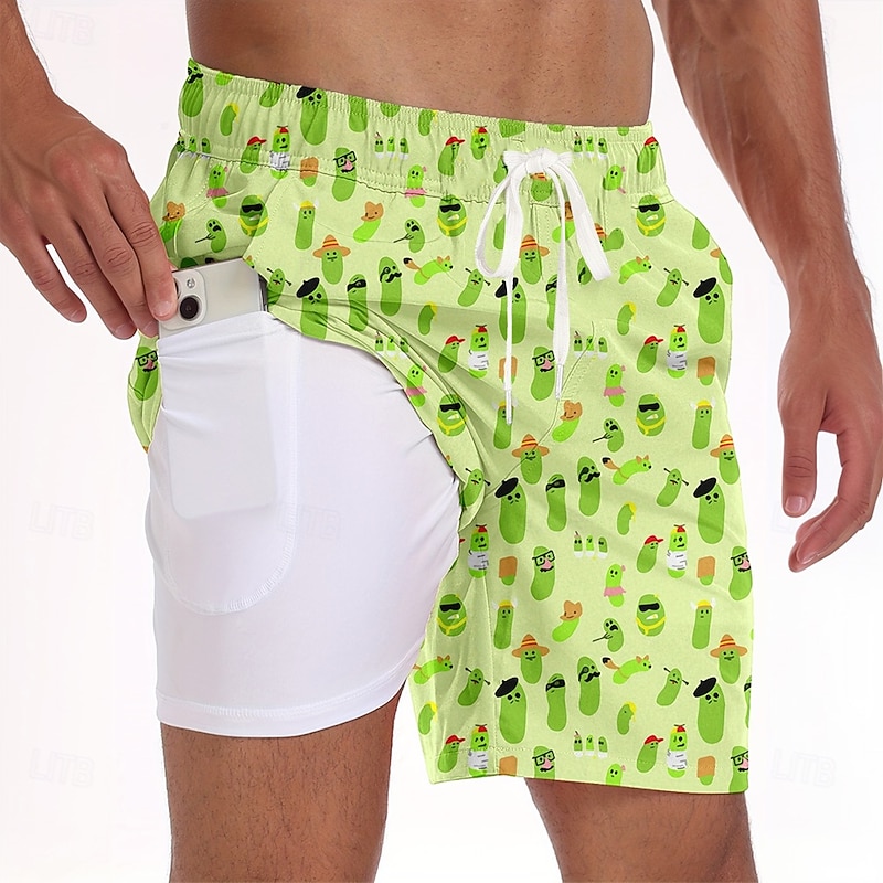Men's Novelty Funny Pickle Lined Shorts 2 in 1 Board Shorts Swim Shorts Mid Waist Hawaiian Vacation Beach Wear Side Pockets With Compression Liner Elastic Drawstring Waist Designer Clothing Apparel2