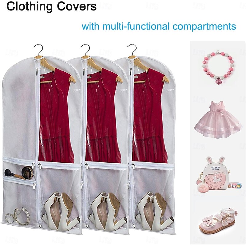 Kids Dance Garment Bags for Dancers, Transparent PEVA Clothes Covers with Clear Window and 3 Pockets,Hanging Clothes Storage for Suit3