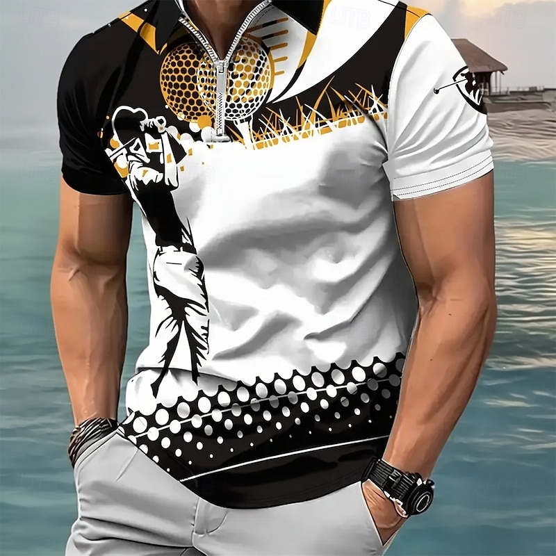 Men's Graphic Zip Polo Short Sleeve Turndown Modern Casual / Sporty Sports & Outdoor Athleisure Casual Daily 3D Print Summer Black-White