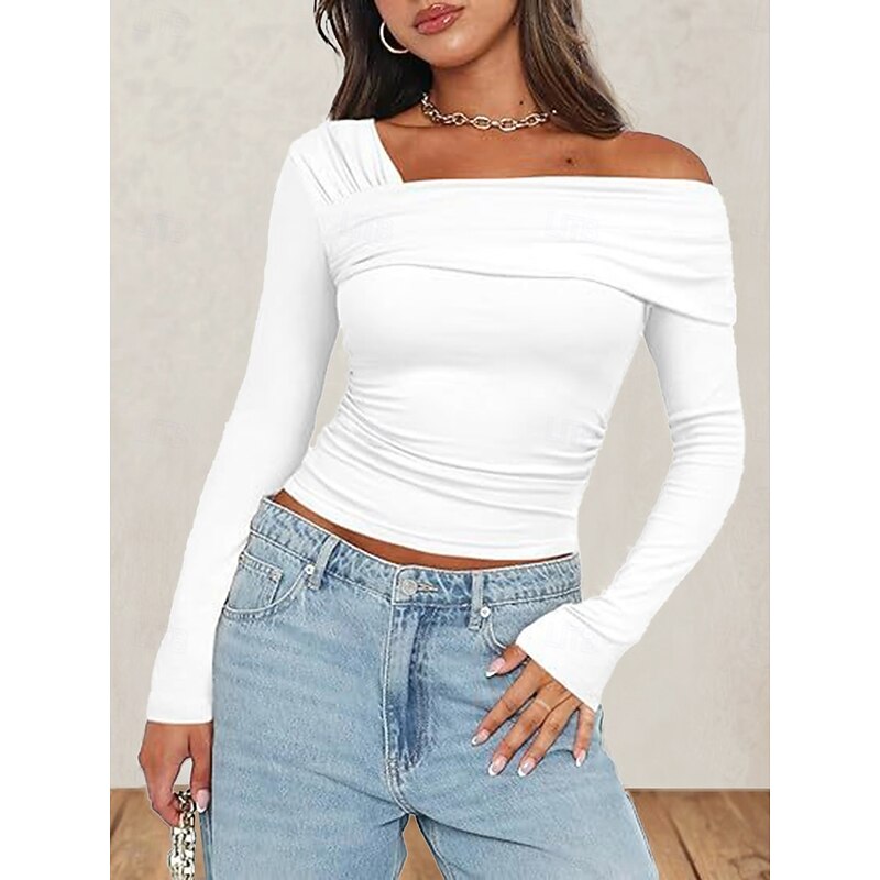 Women's Blouse Plain Modern Y2K Long Sleeve V Neck Regular Tops Daily Holiday Ruched Black White Pink Camel Brown Summer - Main Image