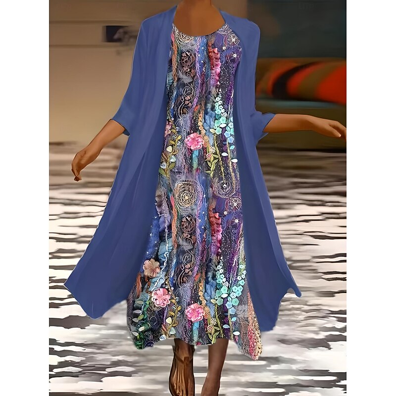 Women's Dress Set Summer Dress Casual Formal Floral Graphic Layered Print Midi Dress 3/4 Length Sleeve Crew Neck Daily Holiday Blue Purple Orange Summer Spring Regular Fit