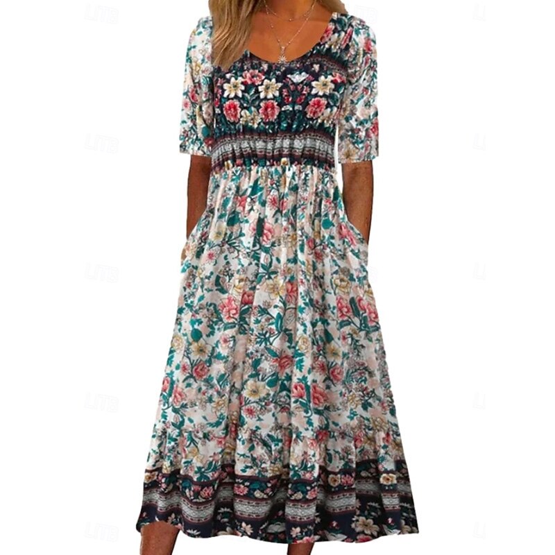 Women's Midi Dress A Line Dress Fit And Flare Dress Vacation Casual Boho Outdoor Going out Regular Fit Floral Graphic Half Sleeve Crewneck Deep Green Navy Blue Fuchsia Green Summer3