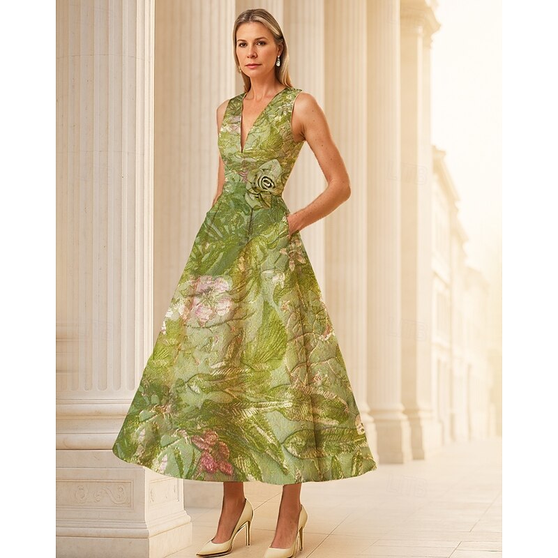 Floral A-Line Cocktail Elegant Dress Formal Wedding Wedding Ankle Length Sleeveless V Neck Nylon with Pocket