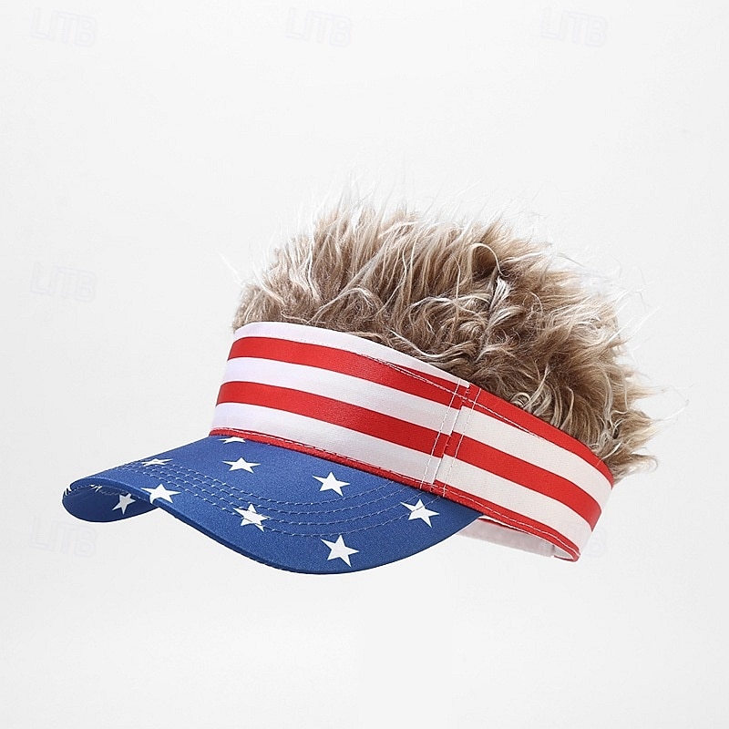 American Flag Mens Visor Cap Wig Adjustable Baseball Cap Golf Hats with Fake Hair2
