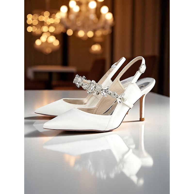Women's White Satin Slingback Heels with Rhinestone Embellishments – Elegant Pointed-Toe Shoes for Weddings and Formal Occasions